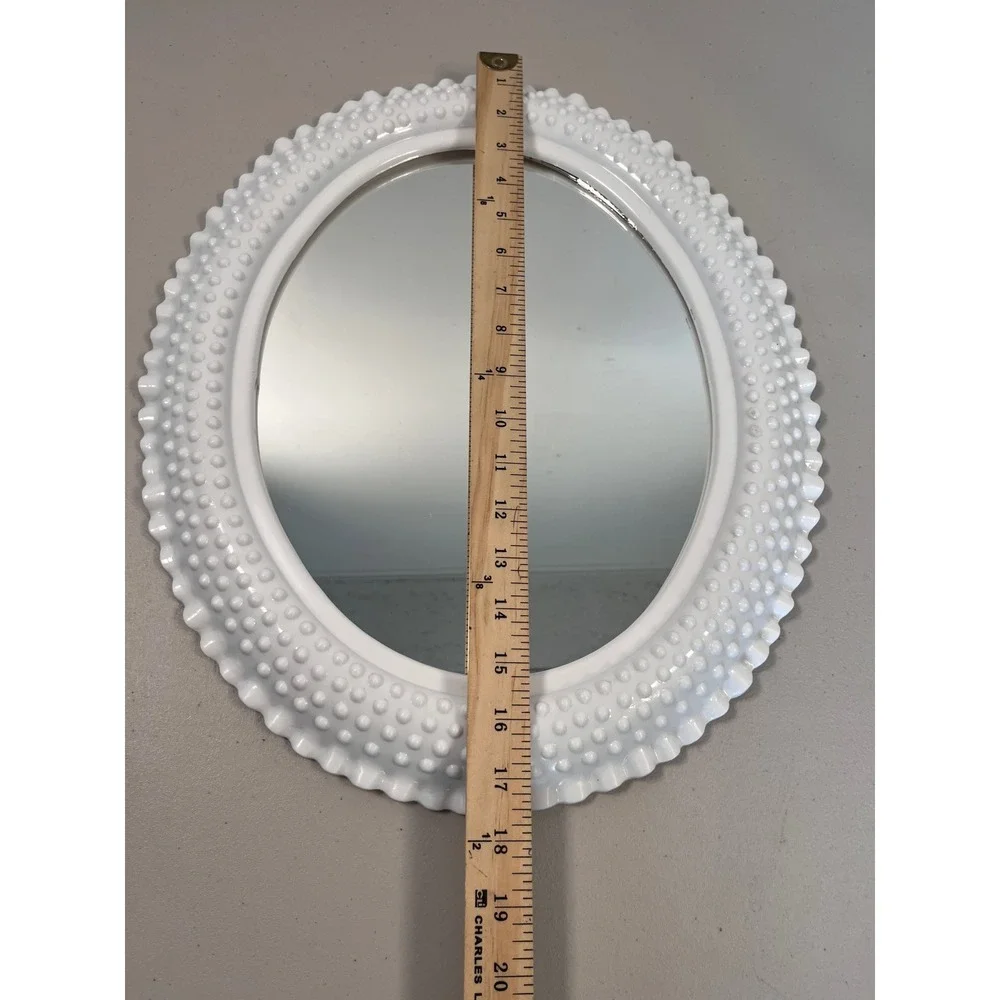 Vintage White Hobnail Milk Glass Style Oval Wall Mirror Ruffled Edge 18.5x14.5